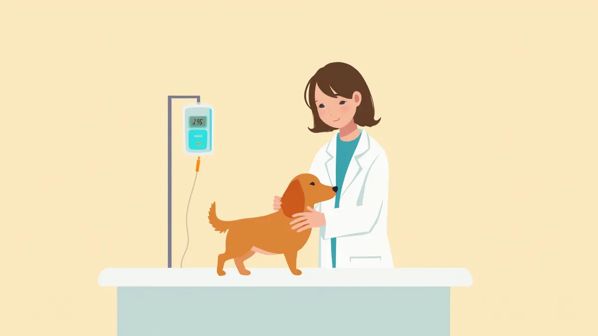 수의사가 강아지에게 수액을 연결해주는 모습