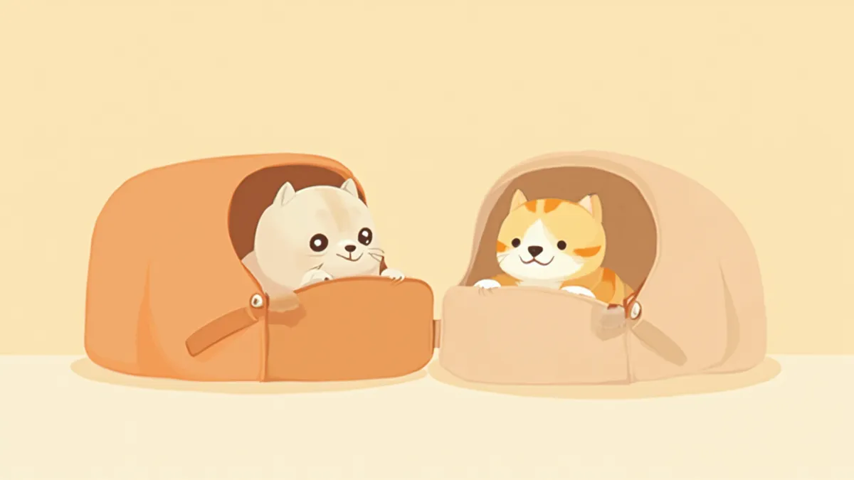 편안한 이동장 안에 앉아 있는 강아지와 고양이