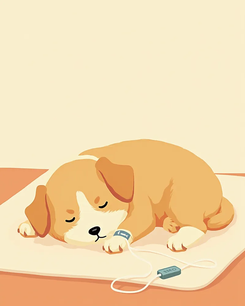 생검 후 회복 중인 반려동물이 담요 위에서 쉬고 있는 모습