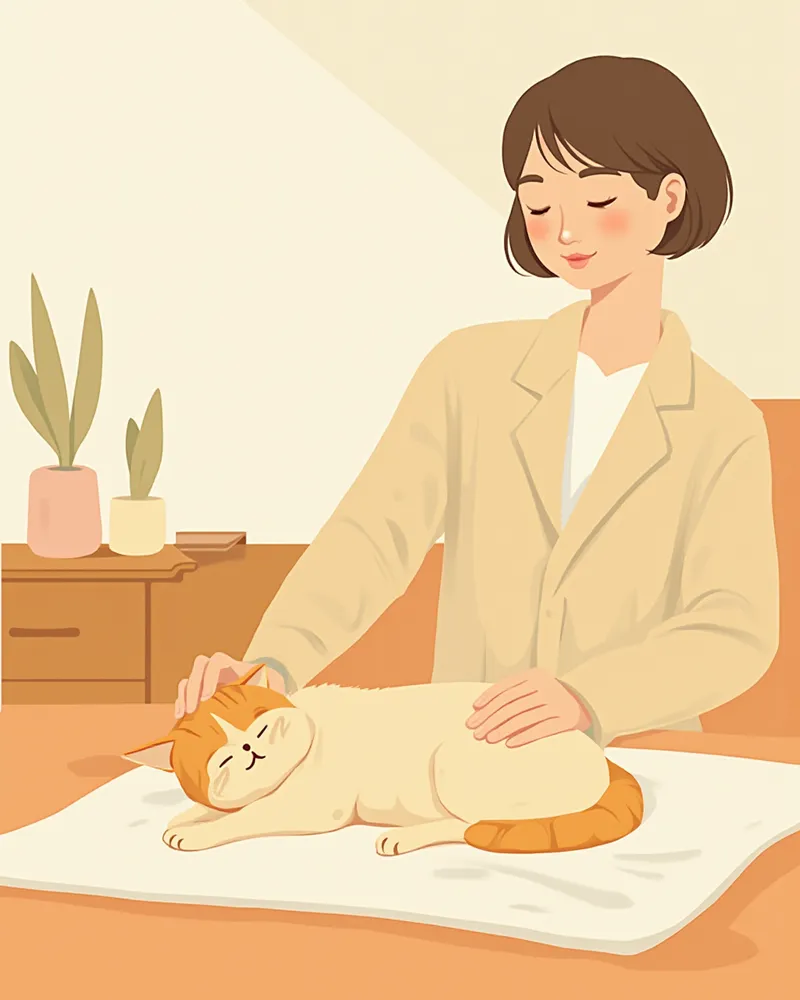 집에서 휴식하는 노령 고양이와 보호자