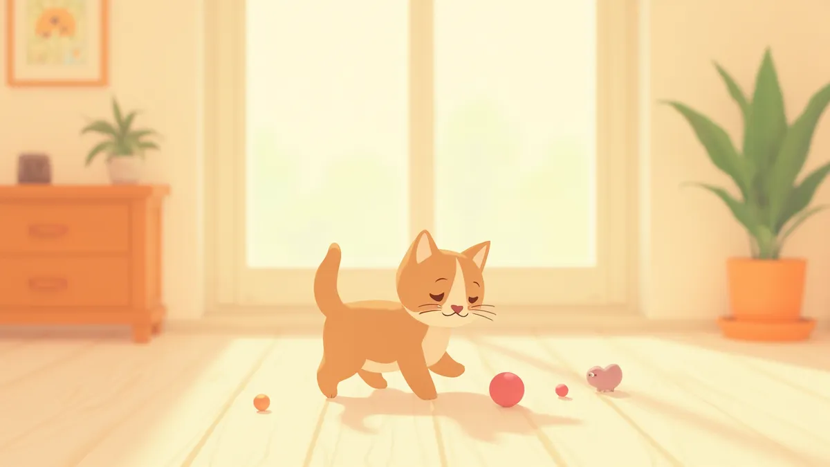 햇빛 드는 거실에서 장난감을 가지고 노는 자묘