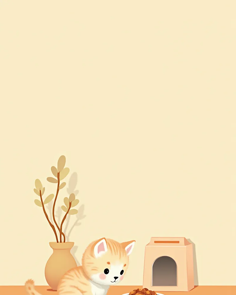 사료를 먹고 있는 아기고양이와 낮은 화장실