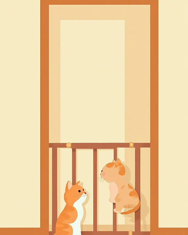 게이트를 사이에 두고 서로를 살피는 아기고양이와 성묘