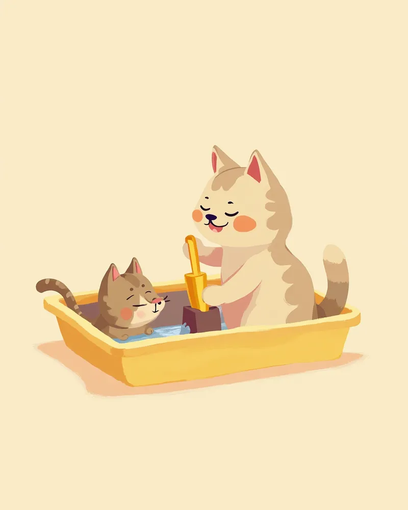 화장실 청결을 유지하는 보호자와 자묘