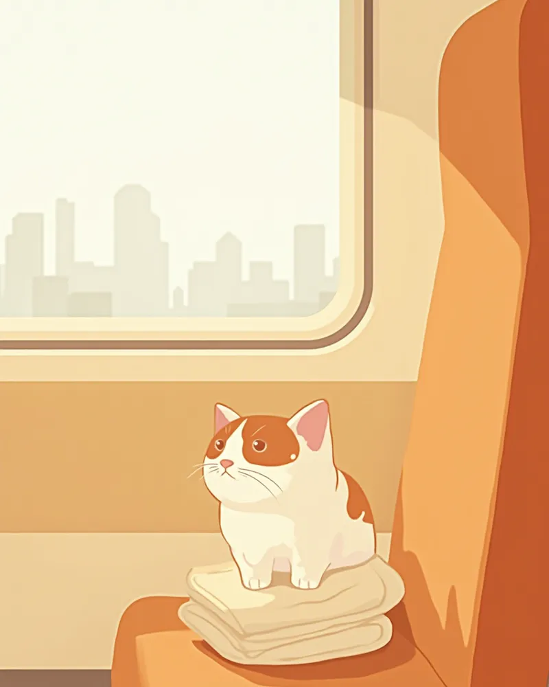 기차 좌석 발밑 이동장 안에서 안정된 고양이