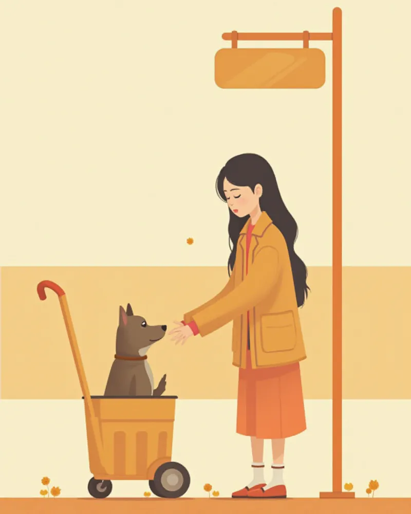 기차역 플랫폼에서 이동장 속 반려견을 달래는 보호자