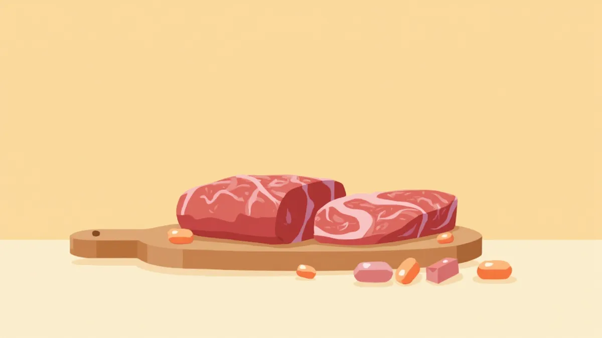 L-카르니틴 영양제 캡슐과 육류 식재료