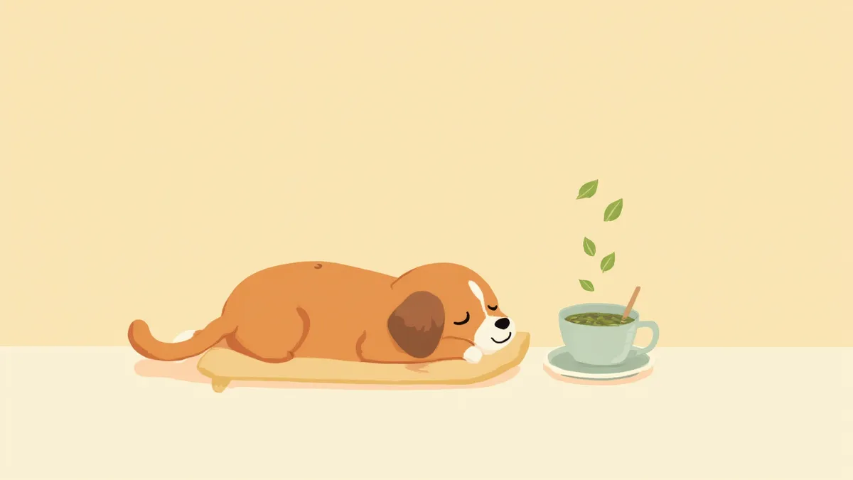녹차 잎 옆에서 편안히 쉬고 있는 강아지 일러스트