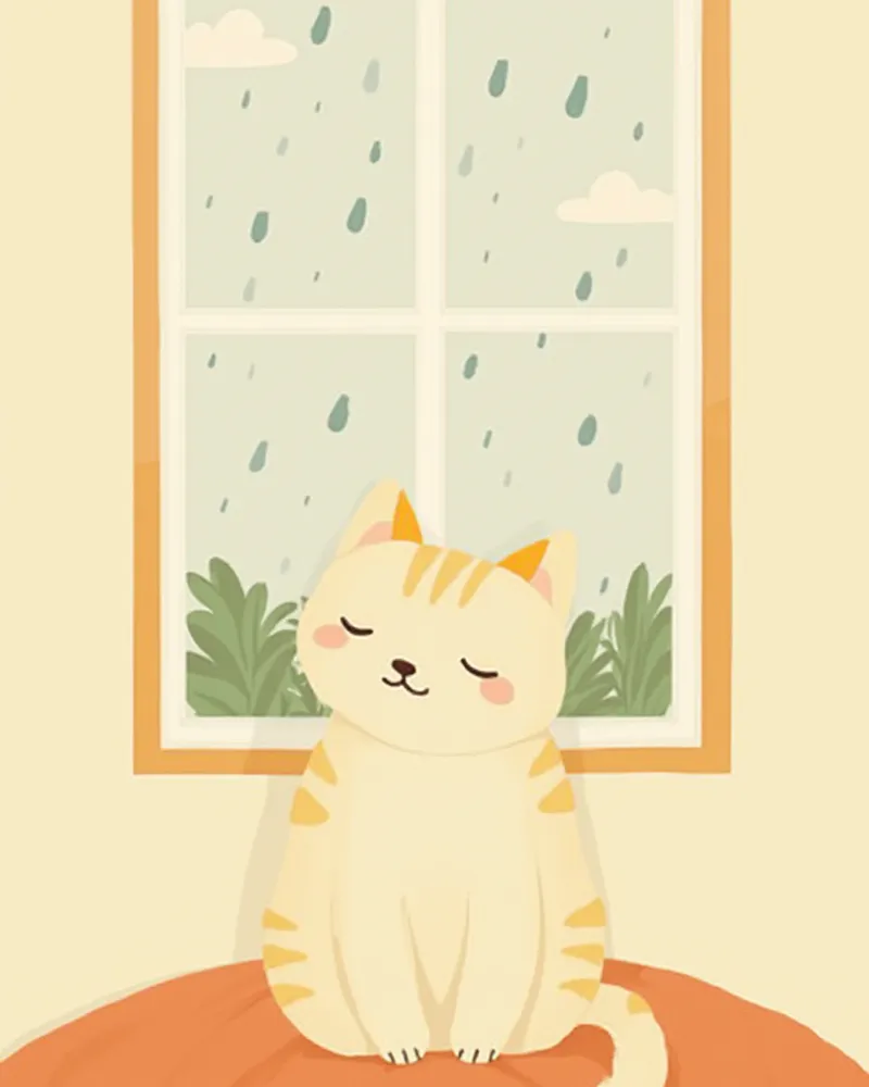 창밖 비 내리는 날 차분히 앉아 있는 고양이 일러스트