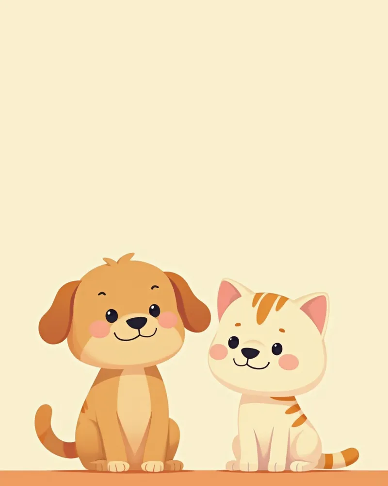 동물병원에서 차분한 표정으로 나란히 있는 강아지와 고양이 일러스트