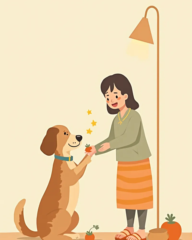 집에서 반려견에게 보충제를 조심스럽게 급여하는 보호자 일러스트