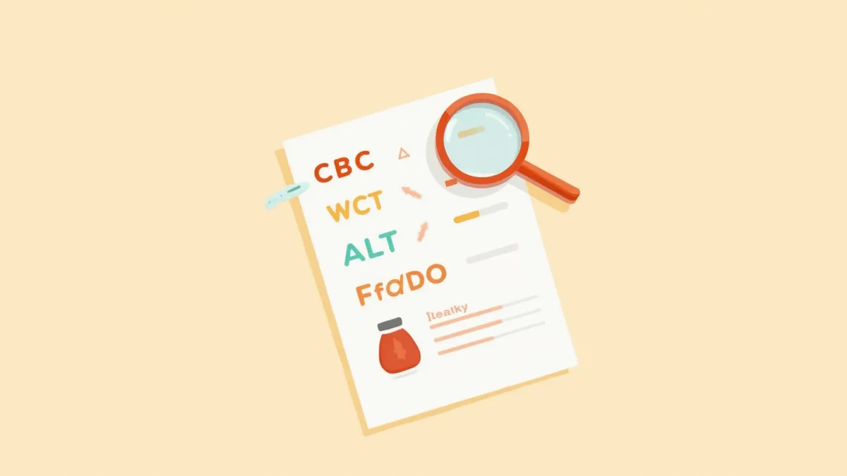 검사 결과지 약어를 돋보기로 들여다보는 일러스트