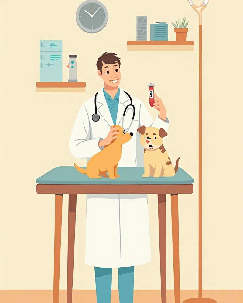 혈액검사 튜브를 들고 있는 수의사와 강아지 일러스트
