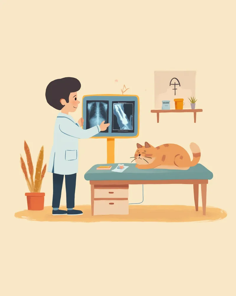 영상검사 결과를 확인하는 수의사와 고양이 일러스트