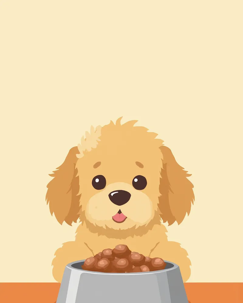 그릇 앞에서 기다리는 래브라두들과 사료