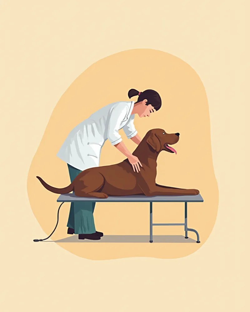 수의사가 래브라도의 고관절을 촉진하며 검진하는 모습