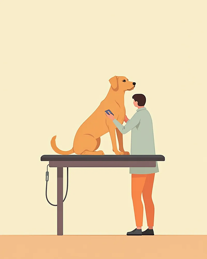 수의사가 래브라도의 팔꿈치 관절을 진찰하는 모습