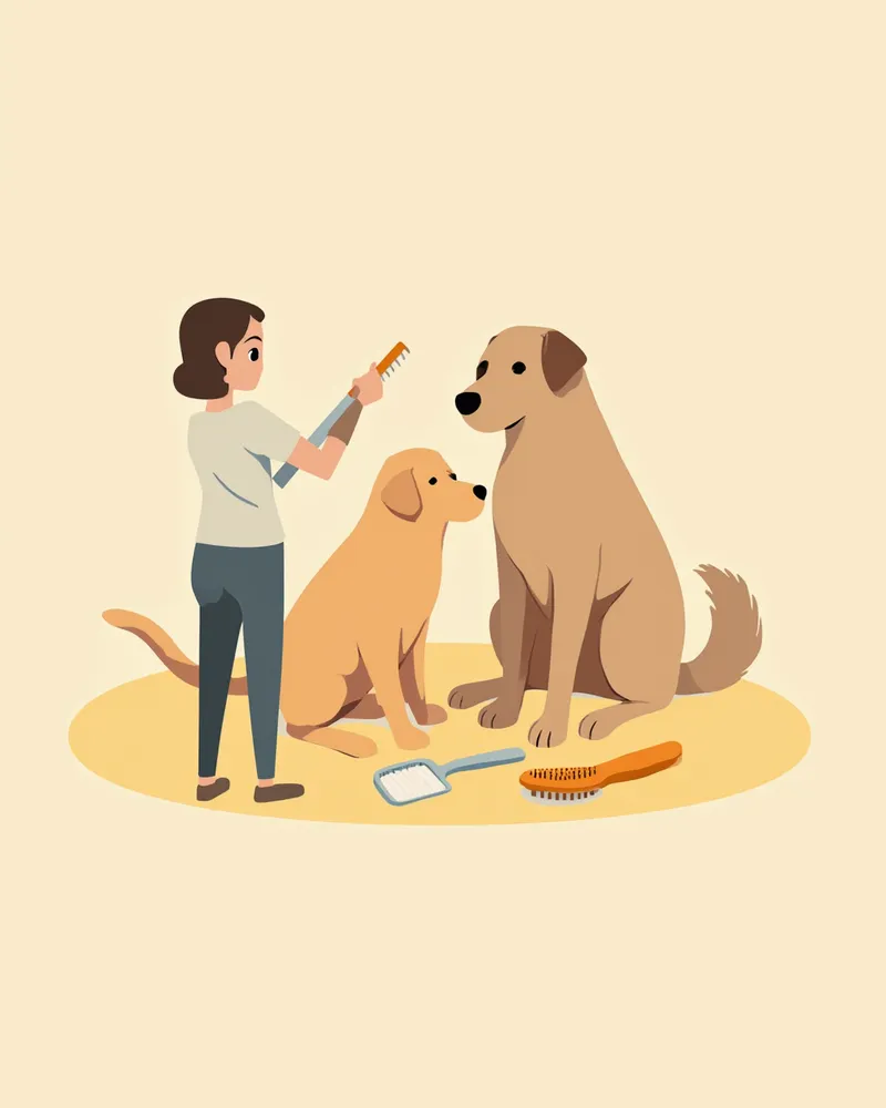 래브라도 그루밍 도구와 브러싱 모습