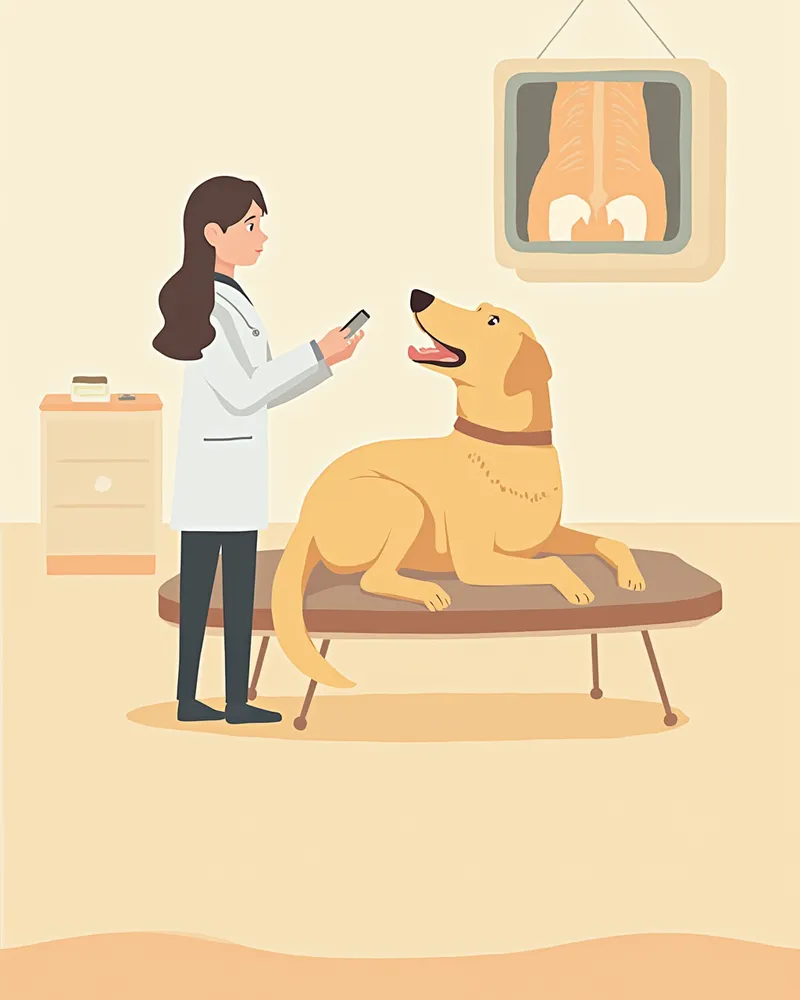 수의사가 래브라도 리트리버의 관절을 검사하는 모습