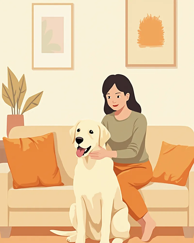 보호자가 집에서 래브라도 리트리버를 관리하는 모습