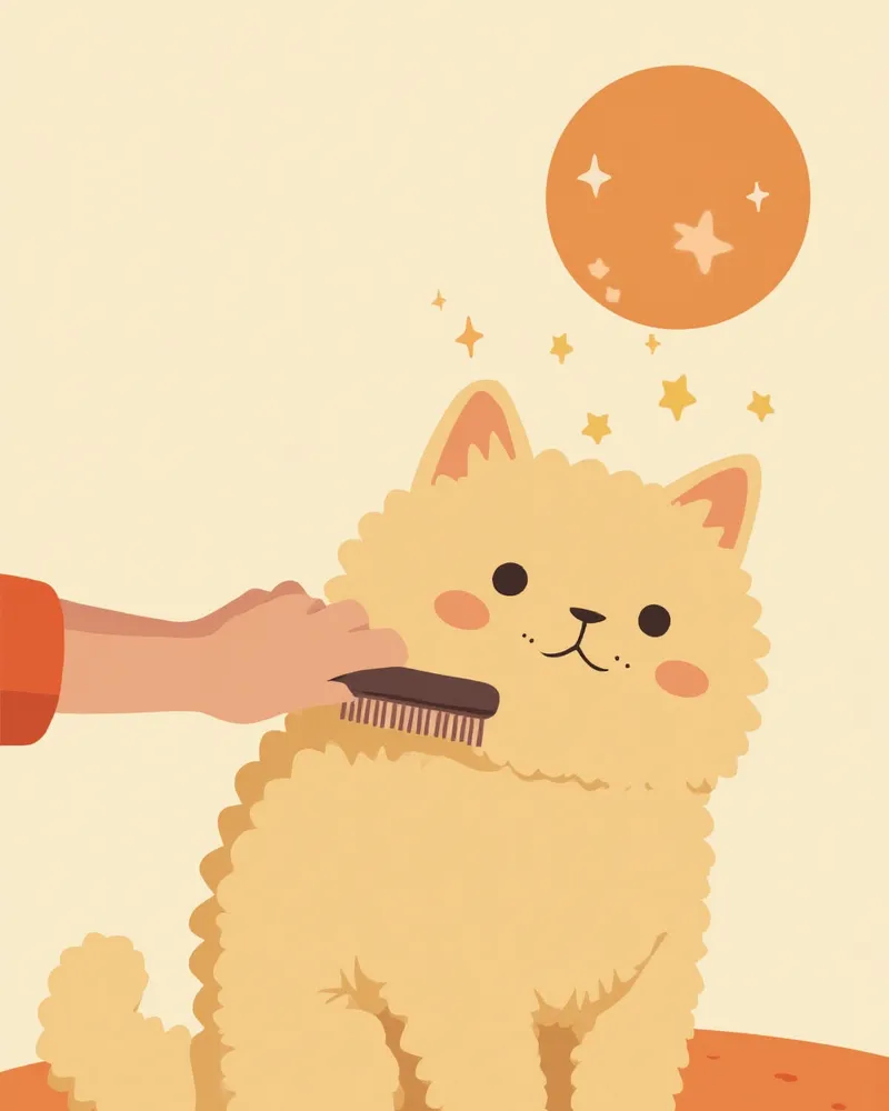 보호자가 램킨 고양이의 곱슬 털을 브러싱하는 모습