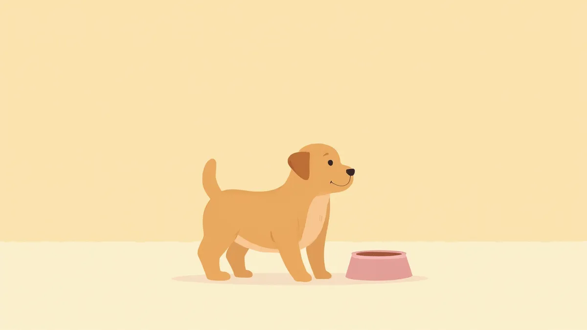 사료 그릇 옆에 서 있는 대형견 퍼피