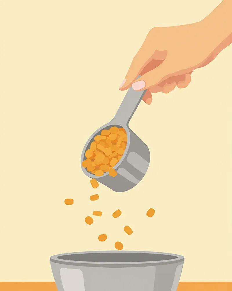 계량컵으로 대형견 사료를 그릇에 담는 모습