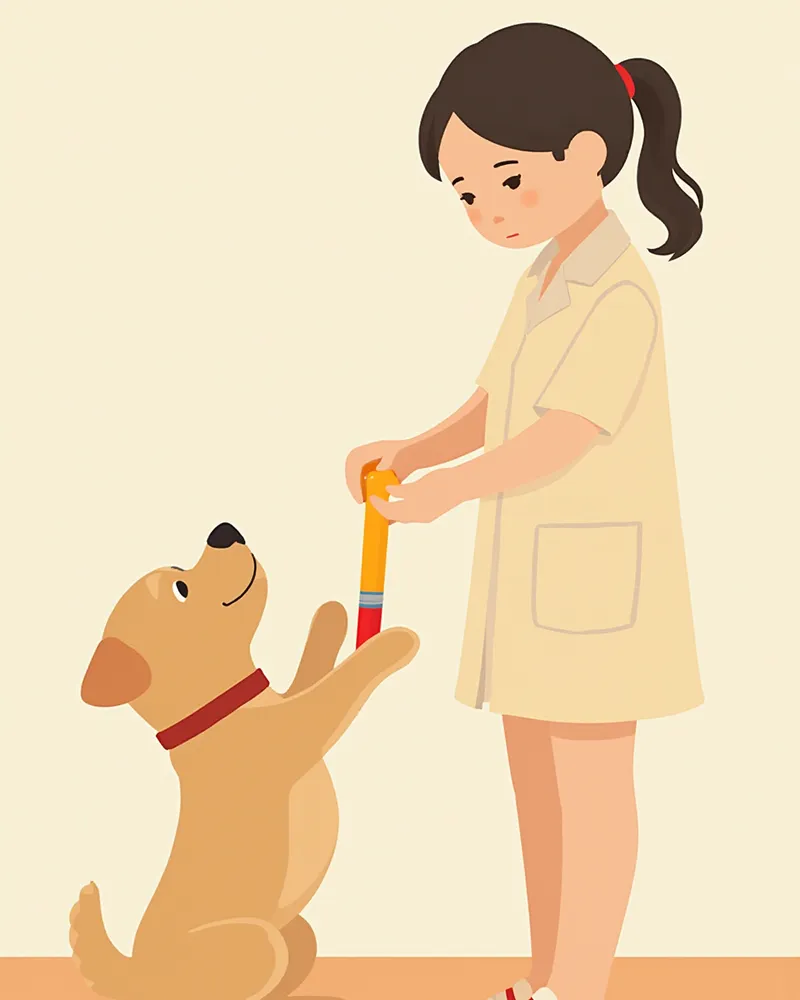 앞다리 부상을 입은 강아지에게 레이저 치료를 적용하는 재활 치료사