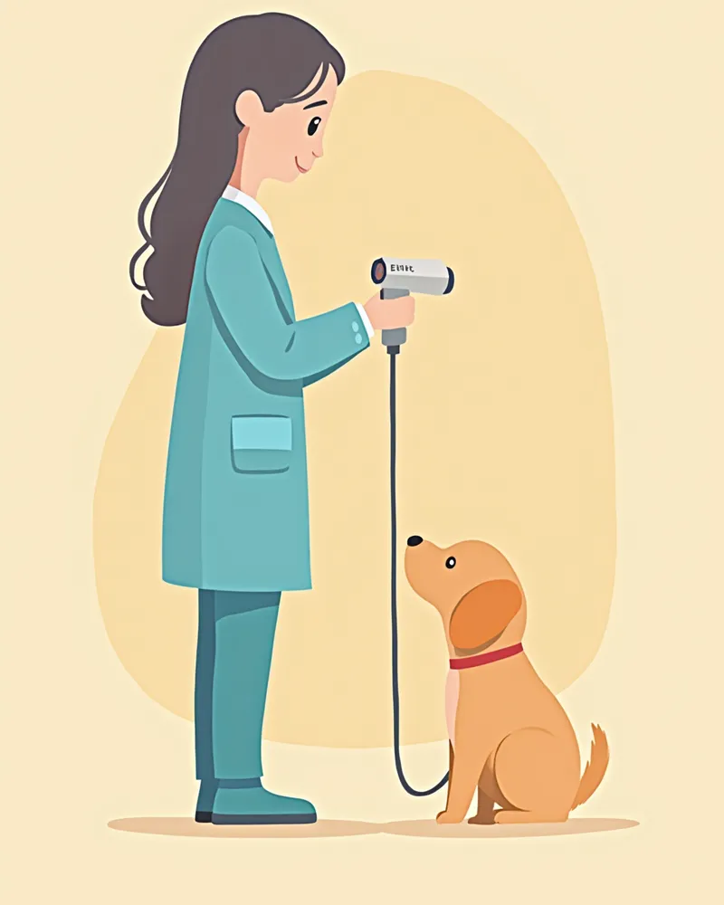 수의사가 마취된 강아지에게 레이저 프로브를 사용하는 모습