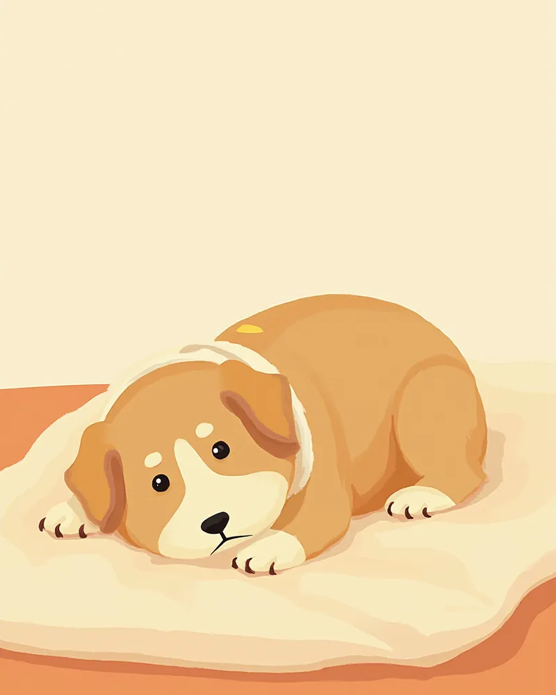 넥카라를 착용하고 집에서 회복 중인 강아지