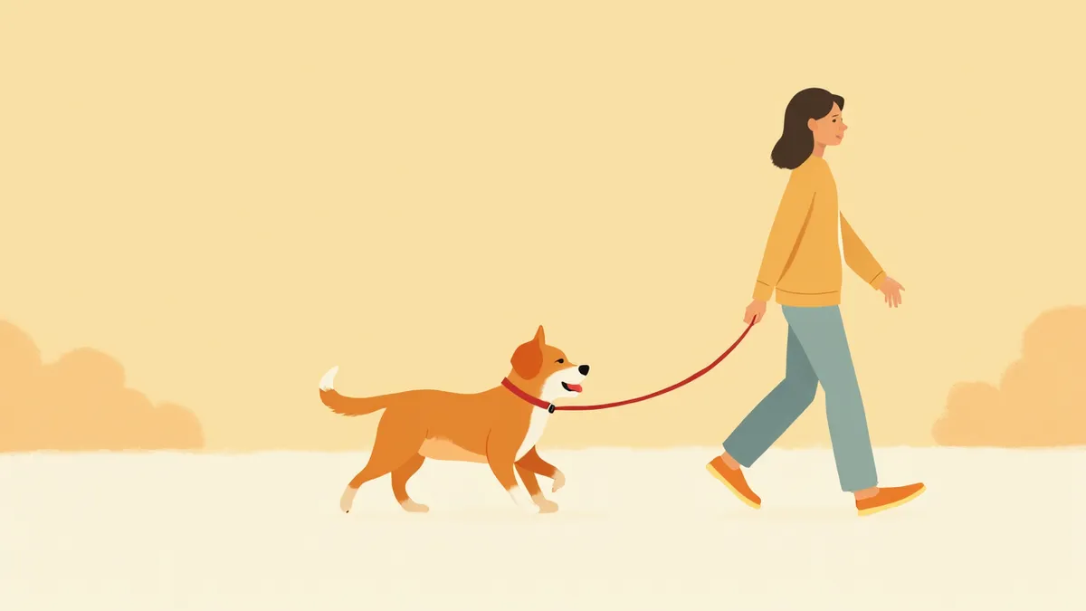 도심 산책 중인 강아지와 리드줄을 쥔 보호자