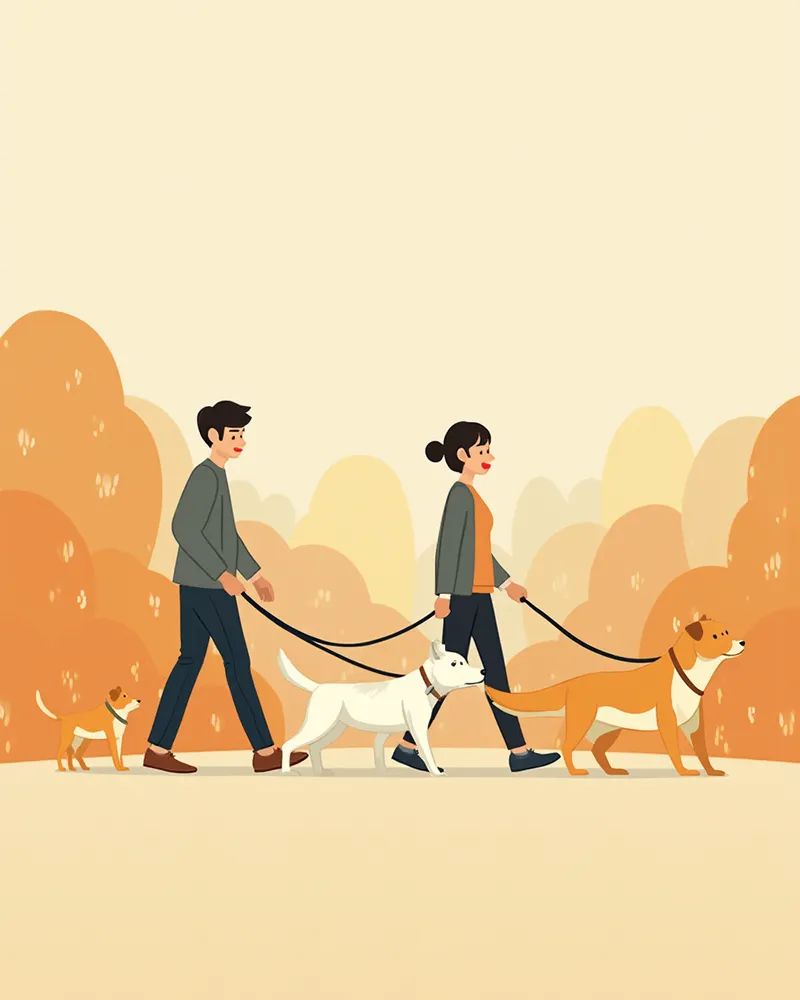 체격이 다른 강아지들이 리드줄을 착용하고 산책하는 모습