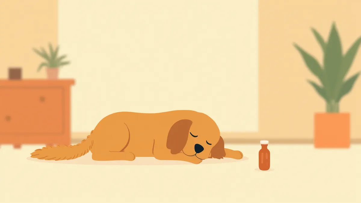 집에서 편안히 쉬고 있는 골든 리트리버와 약병