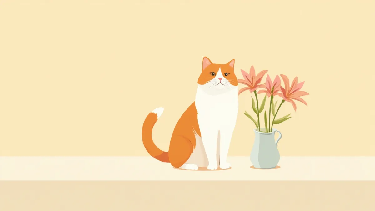 부엌 위 백합 꽃병 옆에 앉아 있는 고양이