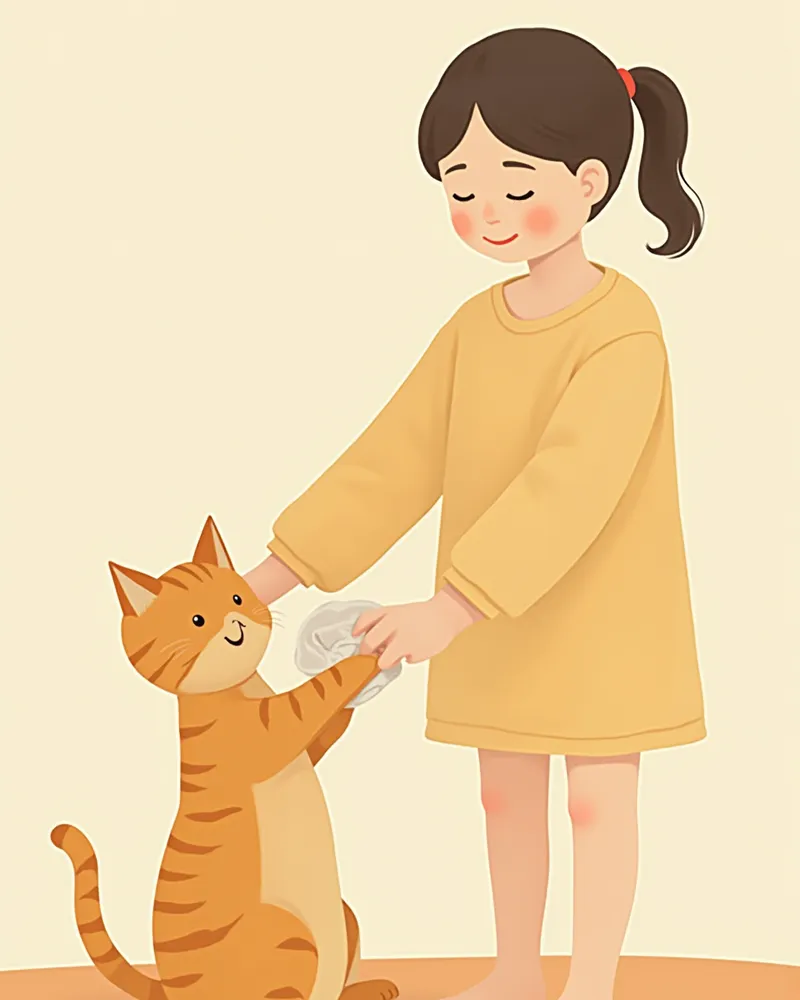 젖은 수건으로 고양이 털을 닦아주는 보호자