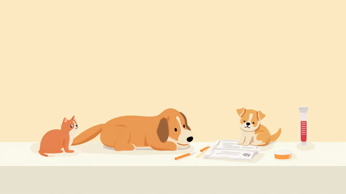 동물병원에서 혈액검사 결과지와 함께 있는 반려동물