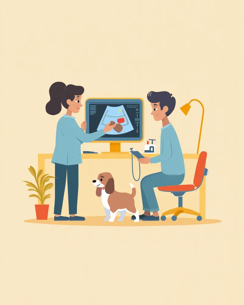 초음파 모니터로 강아지 간을 확인하는 수의사