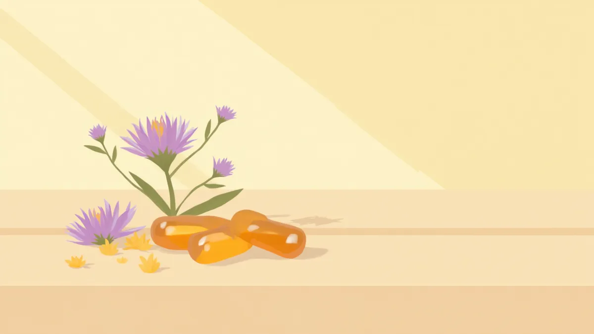 엉겅퀴와 반려동물용 간 영양제 캡슐이 놓인 모습