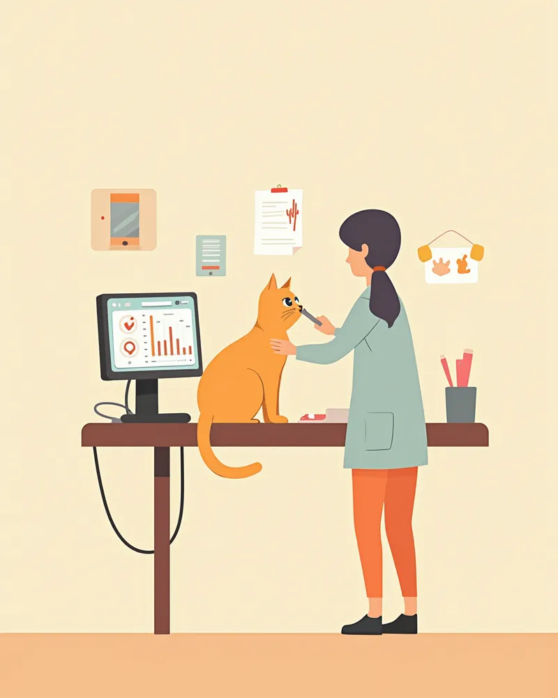 동물병원에서 혈액 검사 결과를 확인하는 수의사와 고양이