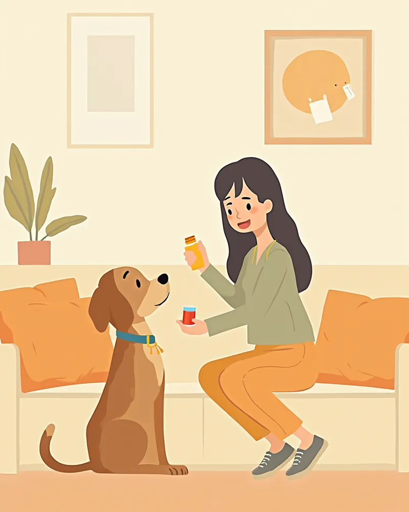 집에서 강아지에게 조심스럽게 약을 먹이는 보호자