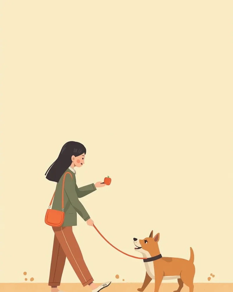 리드줄이 느슨해진 순간 간식으로 칭찬하는 보호자