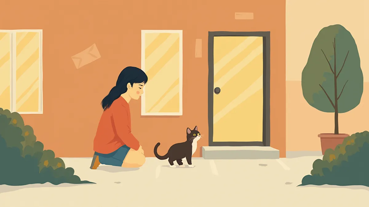 아파트 입구 수풀 근처에서 고양이를 부르는 보호자와 어둠 속 고양이의 눈