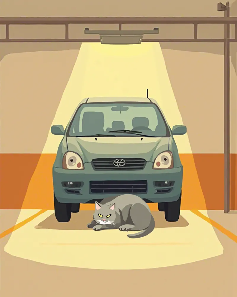 지하주차장 차량 밑에 웅크린 회색 고양이를 손전등으로 비추는 장면