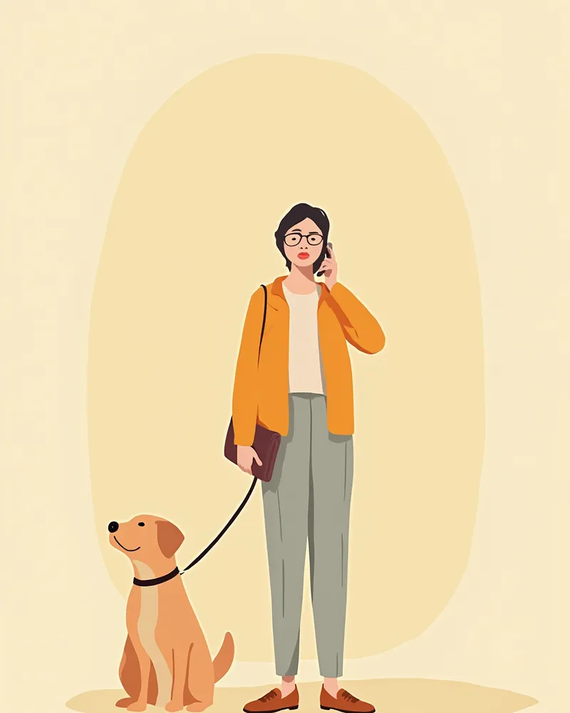 분실견과 함께 전화로 신고하는 사람