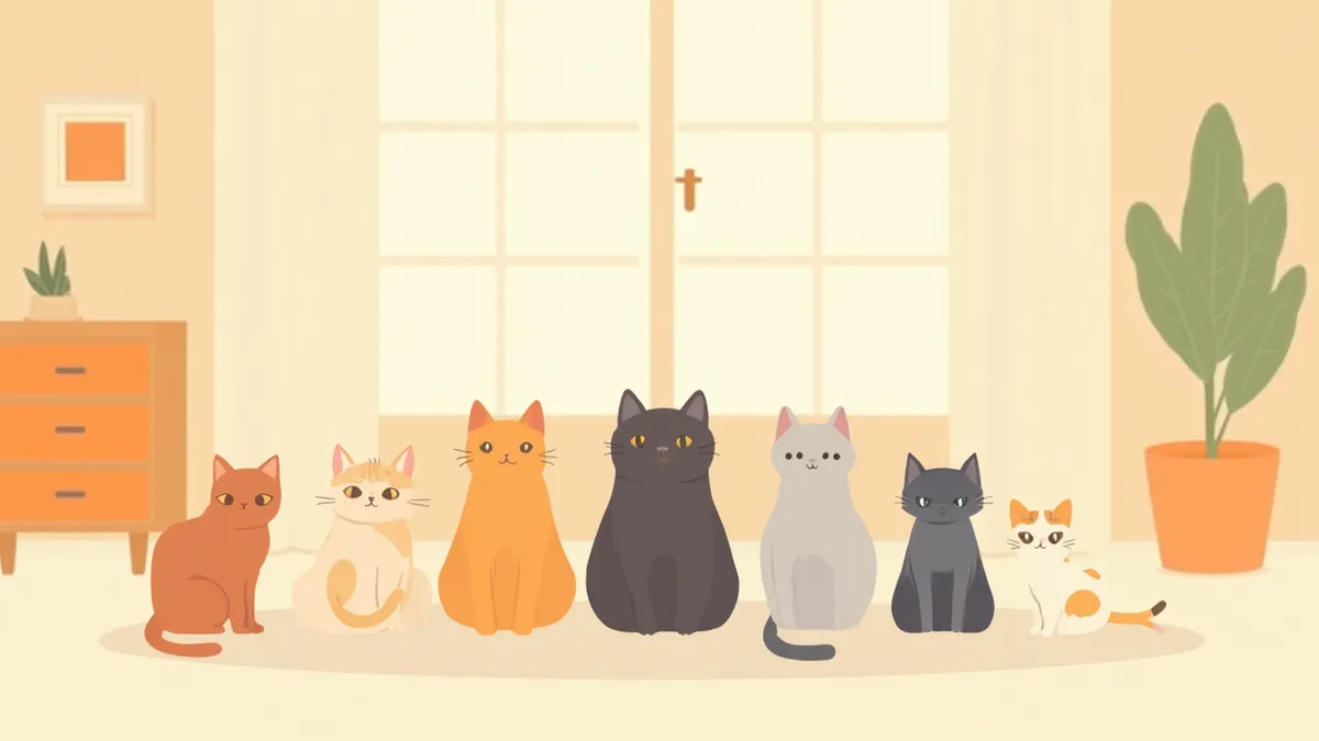 털빠짐이 적은 대표 고양이 7종이 밝은 거실에 모여 있는 모습