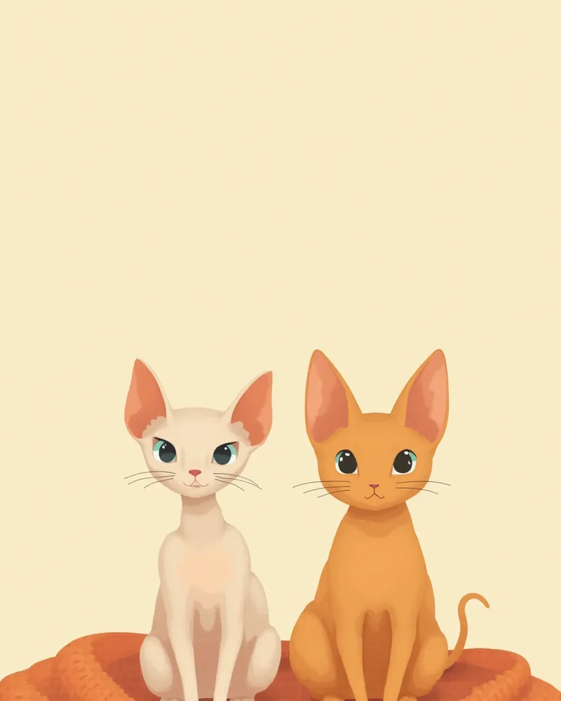 스핑크스 고양이와 데본 렉스 고양이가 나란히 앉아 있는 모습