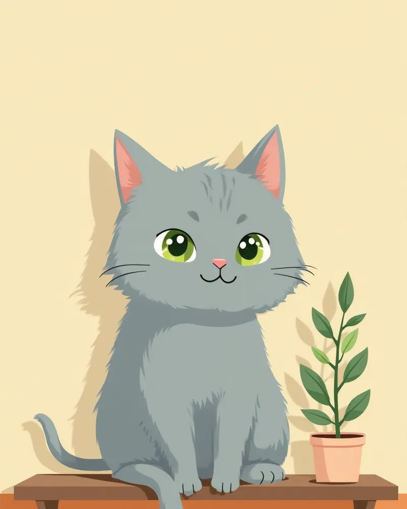 밝은 초록 눈의 러시안 블루 고양이가 나무 선반 위에 앉아 있는 모습