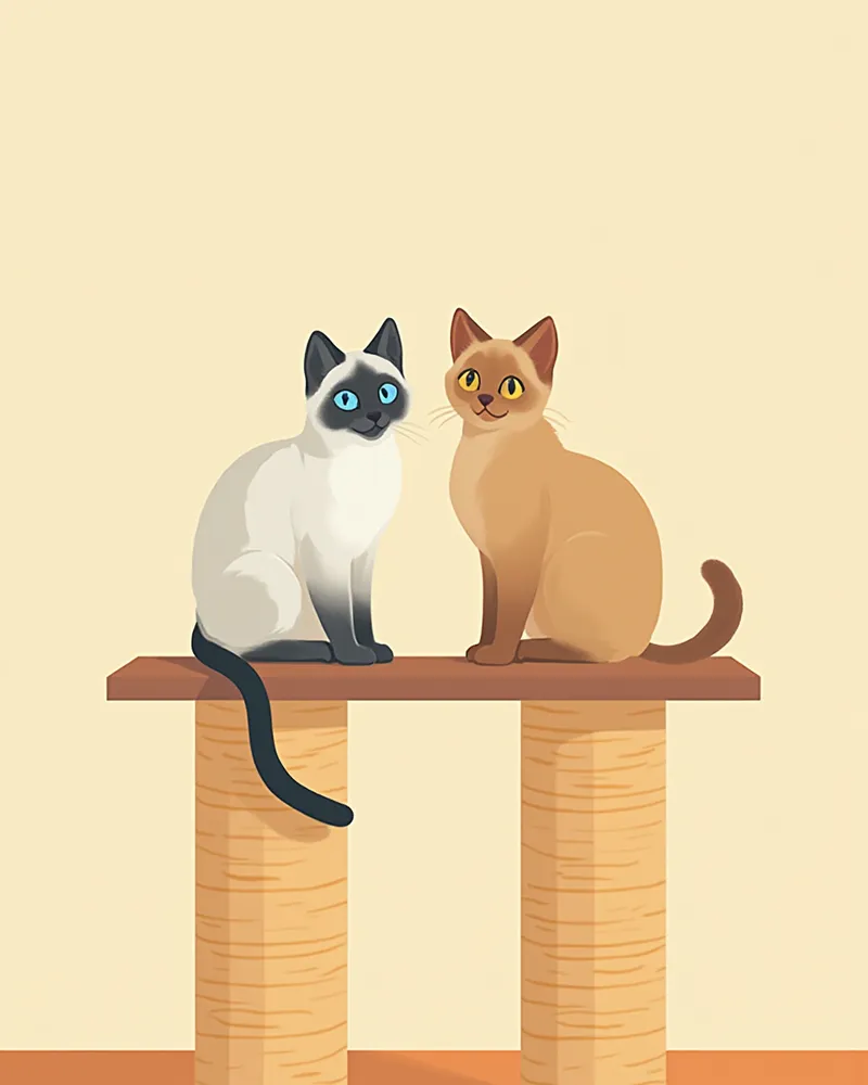 샴 고양이와 버미즈 고양이가 캣타워에 함께 앉아 있는 모습