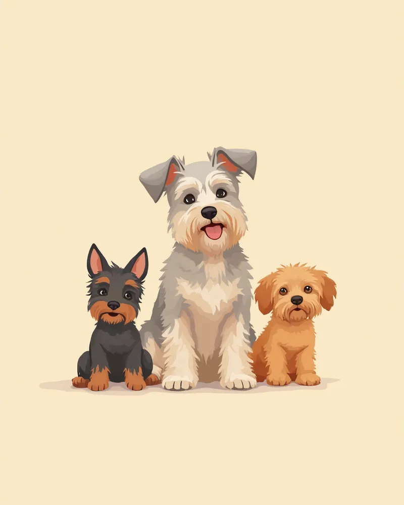 요크셔 테리어, 슈나우저, 시추, 하바니즈가 함께 앉아 있는 모습