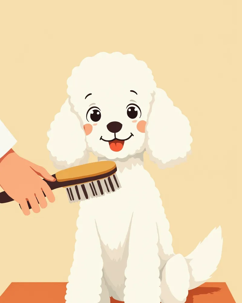 보호자가 슬리커 브러시로 소형 푸들을 빗질하는 모습